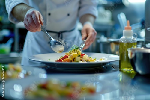 A person in a kitchen preparing food on a plate. Suitable for food blogs and cooking websites