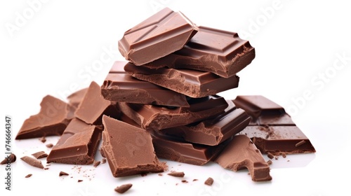 A pile of chocolate pieces on a white surface. Perfect for food and dessert concepts