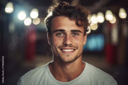 A young man with curly hair smiling at the camera. Suitable for various commercial and advertising purposes