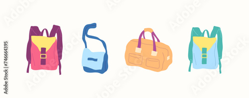 Cartoon Color Different Type Clothes Male Bags Set Concept Flat Design Style. Vector illustration of Sport Backpack and Travel Bag