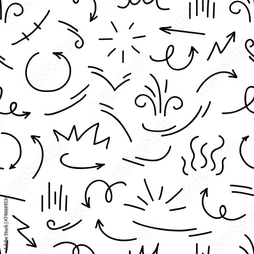 Movement motion lines seamless pattern. Vector tile background with monochrome hand drawn movement elements, dynamic swift fluid doodle lines and arrows, capturing the essence of intensity or action