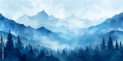 Watercolor illustration of misty mountains hills and trees against a blue sky seamless background seamless background. Concept Watercolor Illustration  Misty Mountains  Hills  Trees  Blue Sky