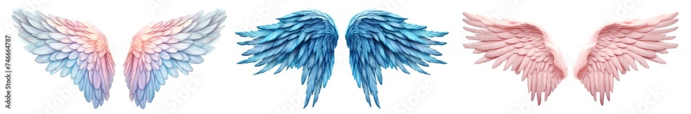 Fototapeta premium Set of long extended pastel colourful and blue pink, angel devil wings on transparent background cutout, PNG file. Mockup template for artwork graphic design