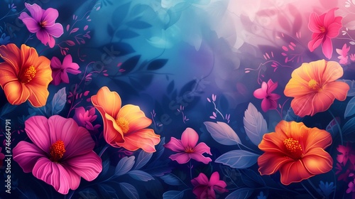 Floral background, neon flowers on dark blue background