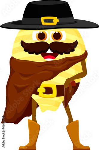 Cartoon conchiglie Italian pasta cowboy and sheriff, bandit and robber, ranger character. Isolated vector macaroni Western personage with a hat, a bushy mustache, and a trusty gun, wrangles varmints