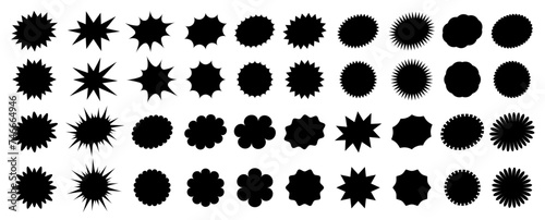 Black starburst sale price seals, stickers and labels for callout and splash, vector star rosettes. Oval and sunburst, stamp and tag badge silhouettes for price promotion labels or sale discount promo