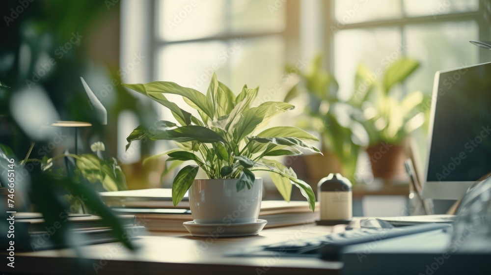 A modern office desk with a computer and a plant on it. Suitable for business and technology concepts A modern office desk with a computer and a plant on it. Suitable for business and technology concepts