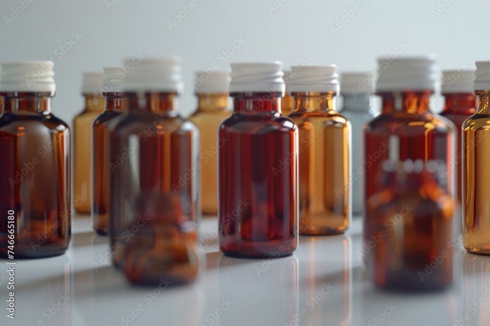 Row of brown bottles with white caps, suitable for product display