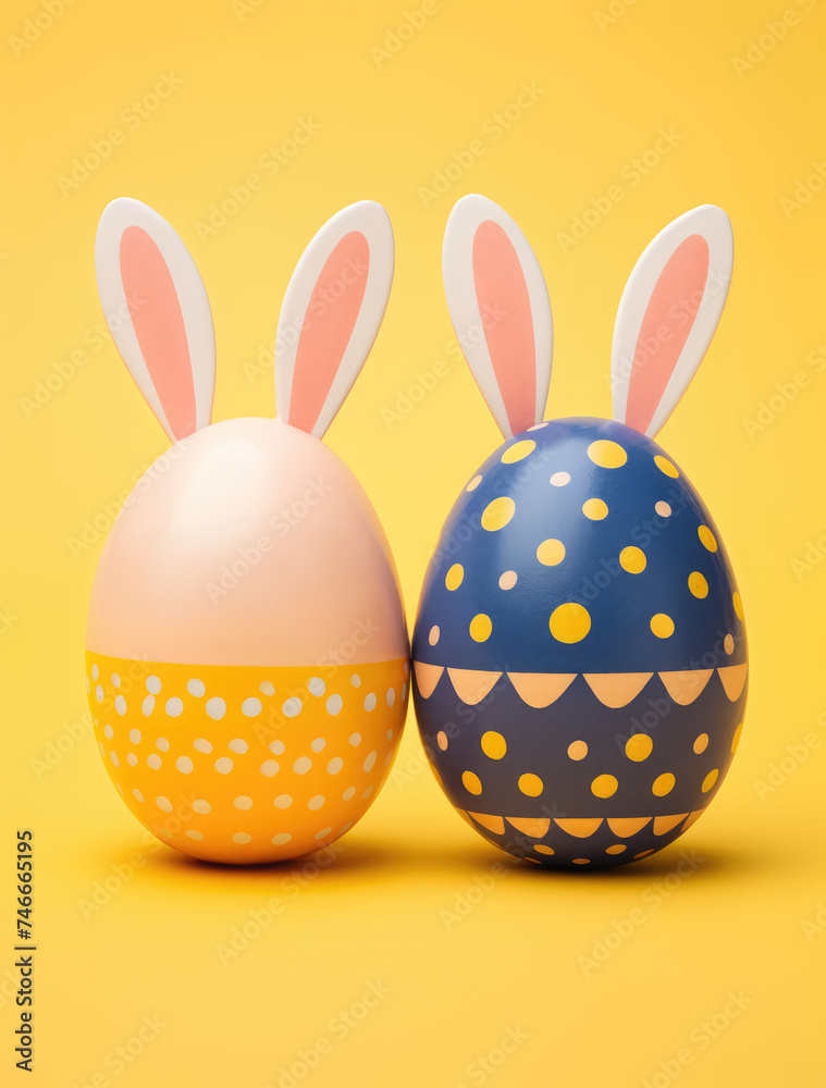 Easter eggs cute bunny on yellow background. Funny decoration. Happy Easter, close up