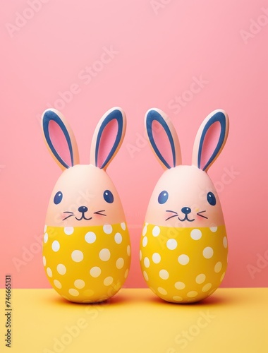 Easter eggs cute bunny on pink background. Funny decoration. Happy Easter, close up