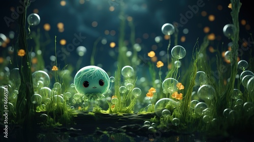 a small green alien in grass inside a bubble of water, in the style of cute and quirky, mesmerizing colorscapes