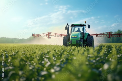 Agricultural scene with a tractor and sprayer in a field. Suitable for farming and agriculture concepts