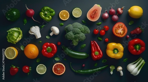 A variety of fruits and vegetables arranged in a circle. Suitable for healthy eating concepts