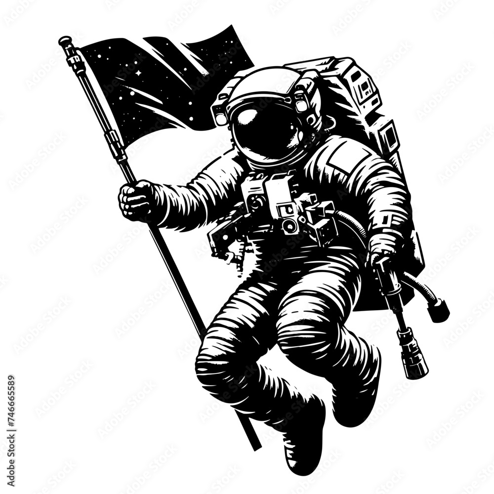 Cartoon Black and White Isolated Illustration Vector Of An Astronaut Floating In Space In Spacesuit Holding A Flag