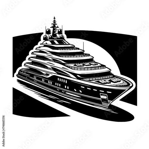 Cartoon Black and White Isolated Illustration Vector Of A Large Mega Yacht Private Boat