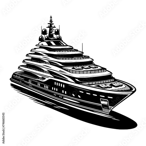 Cartoon Black and White Isolated Illustration Vector Of A Large Mega Yacht Private Boat