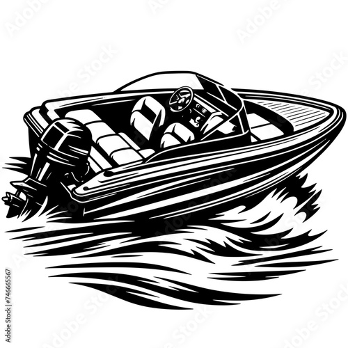 Cartoon Black and White Isolated Illustration Vector Of A Motor Speedboat 