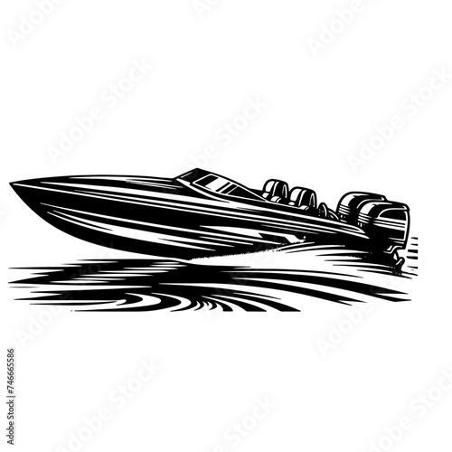 Cartoon Black and White Isolated Illustration Vector Of A Motor Speedboat 