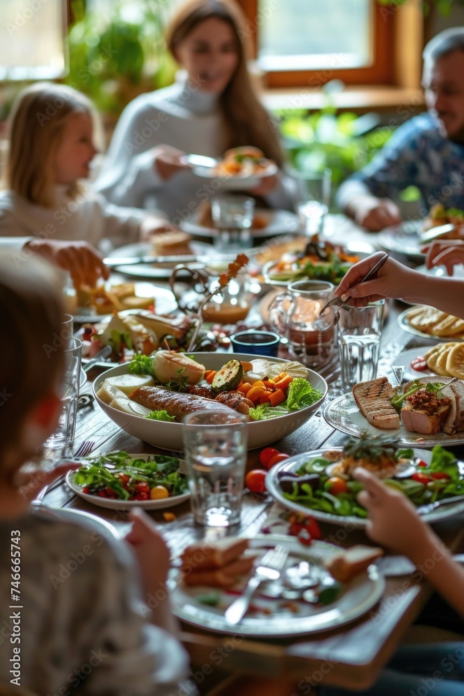 People sitting at table with plates of food, perfect for restaurant promotions