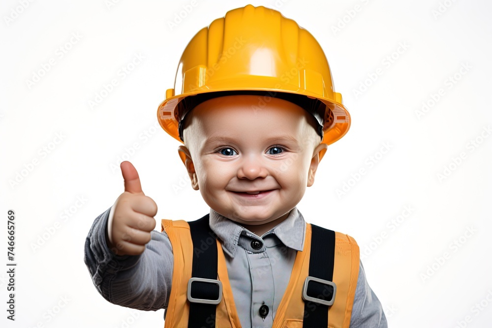 Toddler boy in yellow construction safety helmet showing thumb up isolated on white background