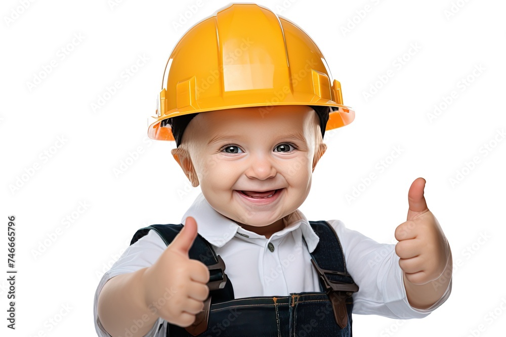 Toddler boy in yellow construction safety helmet showing thumb up with two hands isolated on white background