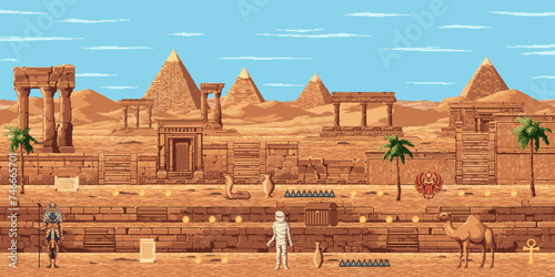 8bit pixel art arcade game level map with ancient Egypt pyramids and mummy, vector background. Palms and cobra snake, stair platforms and manuscripts with Ancient Egypt temples for 8 bit arcade game