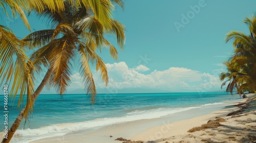 Beautiful tropical beach with palm trees and the ocean in the background. Perfect for travel and vacation concepts