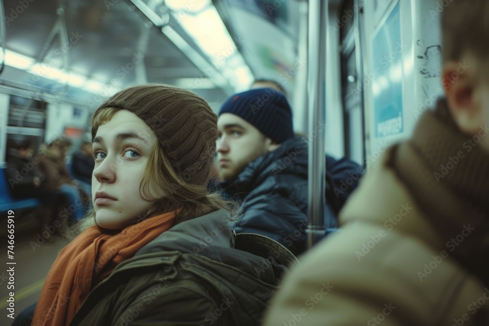 A man and a woman sitting together on a subway train. Suitable for transportation concepts A man and a woman sitting together on a subway train. Suitable for transportation concepts