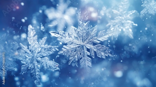 Close up of a snowflake on a blue background, suitable for winter-themed designs