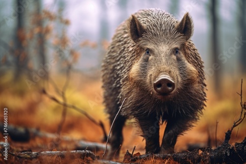 A wild boar walking through the woods. Suitable for nature and wildlife themes