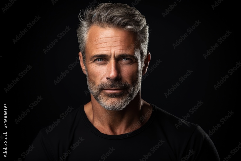 A detailed view of a man wearing a black shirt, suitable for various concepts and designs