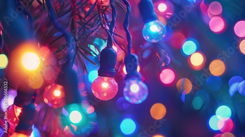 Festive Christmas lights hanging from a tree, perfect for holiday decorations