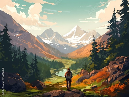 Male backpacker enjoying scenic mountain landscape, immersing himself in nature's beauty