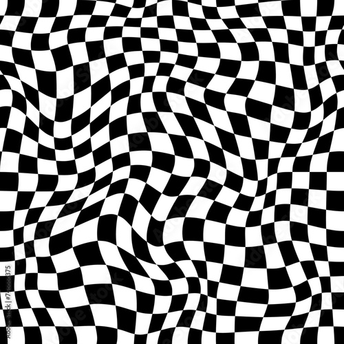 Wavy checker pattern with optical illusion, trippy checkerboard vector background. Back white squares chessboard in swirl or spiral twist distortion for psychedelic and hypnotic visual effect pattern