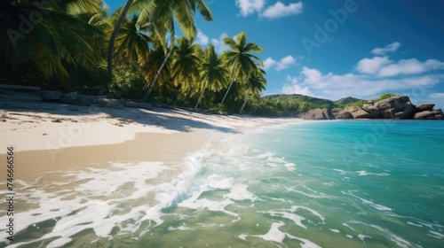 A beautiful sandy beach with palm trees, perfect for vacation concepts