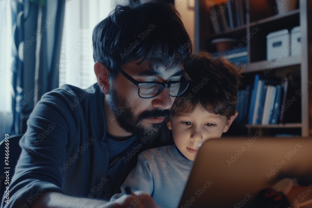 A man and a child looking at a laptop. Suitable for technology concepts A man and a child looking at a laptop. Suitable for technology concepts
