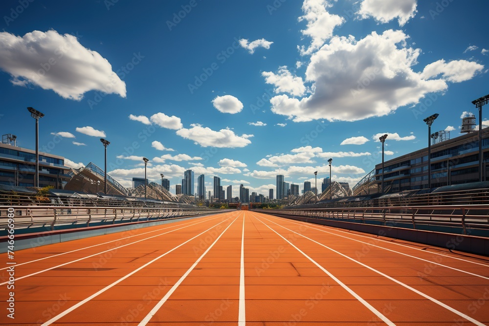 a stadium running track on a bright sunny day, in the style of photo-realistic landscapes, minimalist sets, photobashing, outrun, tonalist - obrazy, fototapety, plakaty 