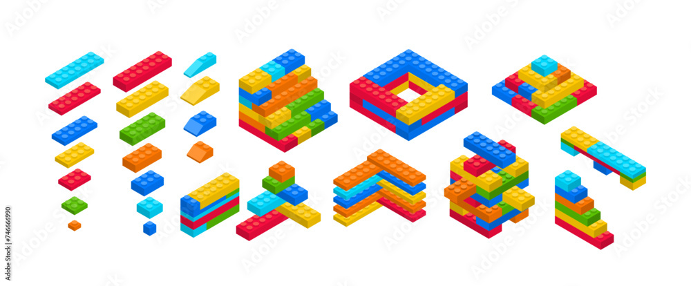 Color Brick Block Building Toys Set Isolated on White Background. Vector illustration of Education Game Elements Color Brick Block Building Toys Set Isolated on White Background. Vector illustration of Education Game Elements