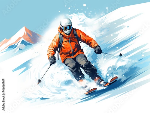 Skier descending snowy mountain slope gracefully, carving tracks in fresh powder