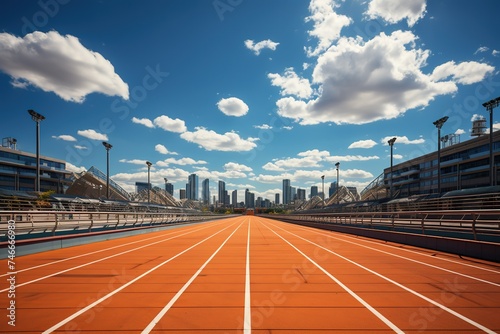 a stadium running track on a bright sunny day, in the style of photo-realistic landscapes, minimalist sets, photobashing, outrun, tonalist photo