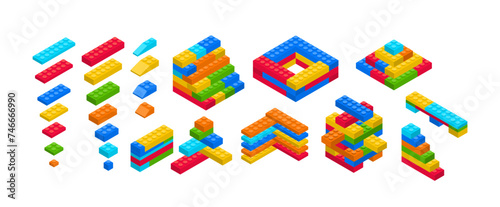 Color Brick Block Building Toys Set Isolated on White Background. Vector illustration of Education Game Elements