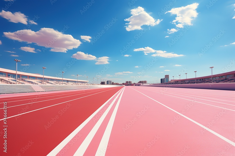 a stadium running track on a bright sunny day, in the style of photo-realistic landscapes, minimalist sets, photobashing, outrun, tonalist