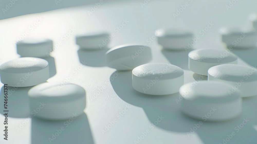 White pills neatly arranged on a table, suitable for medical or healthcare concepts White pills neatly arranged on a table, suitable for medical or healthcare concepts