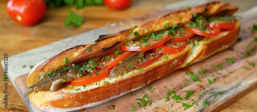 A hot dog sits on a cutting board surrounded by fresh tomatoes and herbs. The ingredients are neatly arranged, ready to be used in a meal preparation.