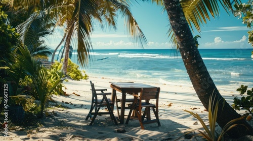 wooden cafe table and chairs on a tropical beach  overlooking the blue sea. An idyllic scene for outdoor dining and relaxation.