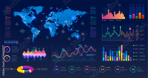 UI interface graphs and charts, infographic elements on futuristic dashboard. World map diagrams and flowchart information, UI interface info data and index icons with timeline for presentation photo
