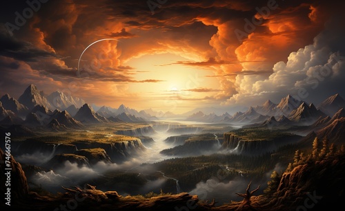 a sun rising over the clouds in the afternoon, in the style of meticulously crafted scenes, mountainous vistas