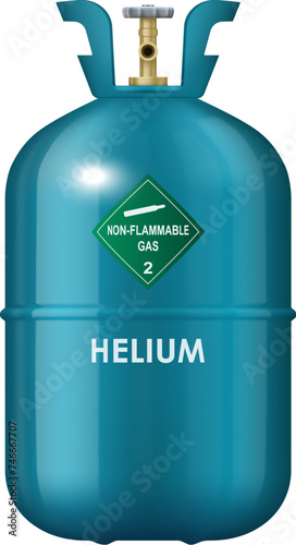 Realistic helium gas metal cylinder. Isolated vector tank contain non-flammable content, its metal surface reflects light, stands upright, with a pressure gauge and a nozzle, ready to inflate balloons