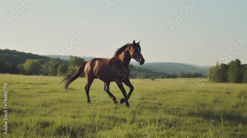 Brown Horse Running Across Lush Green Field © cac_tus