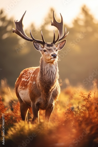 A deer standing in a field with trees in the background. Suitable for nature and wildlife themes